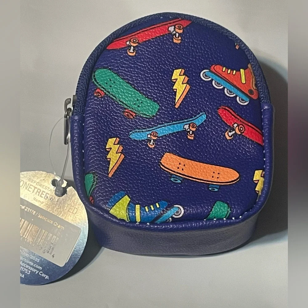 🔴3/$12 NWT Mini Backpack Keychain Skater Print Blue Coin‎ Pouch Clip Bag Charm